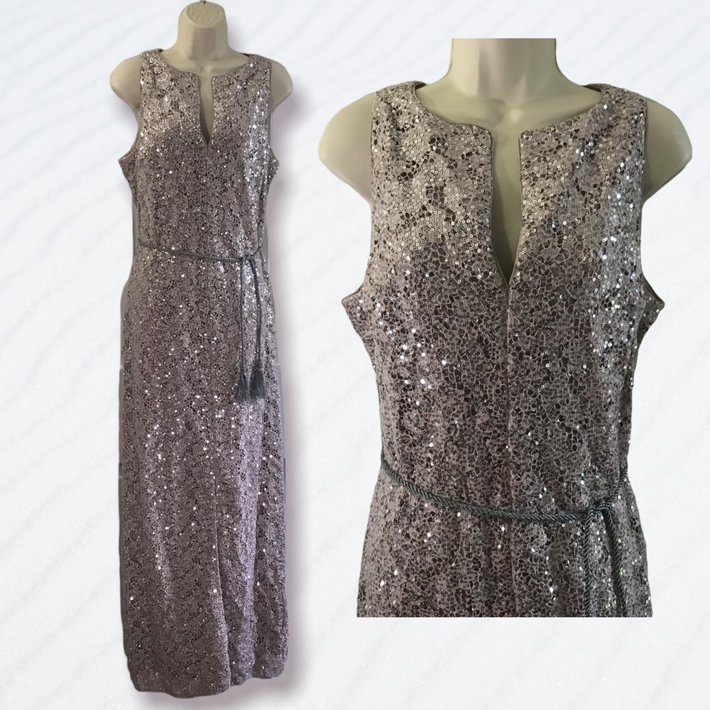 Kay Unger Bisque Lace and Sequin Gown with Front Slit Plus Size 16 - Picture 2 of 5